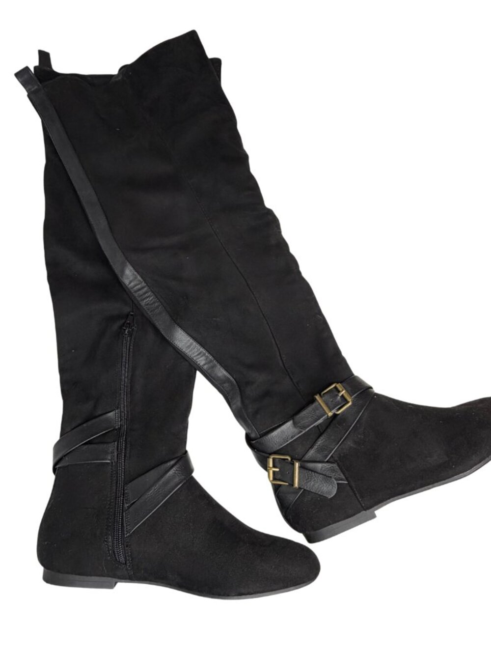 JustFab Yashika Black Over The Knee Boots Buckle Flat 7.5 Wide